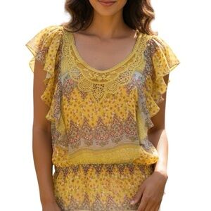 Isabella Rodriguez Yellow Floral Lace Ruffled Short Sleeve Blouse Top Small